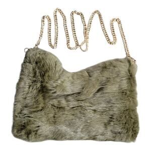 Faux Fur Shoulder Crossbody Bag with Gold Tone Chain Strap Winter Cozy Green‎